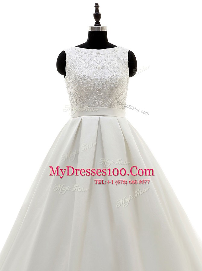 Scoop Sleeveless Satin Wedding Gowns Lace and Appliques and Bowknot Brush Train Criss Cross