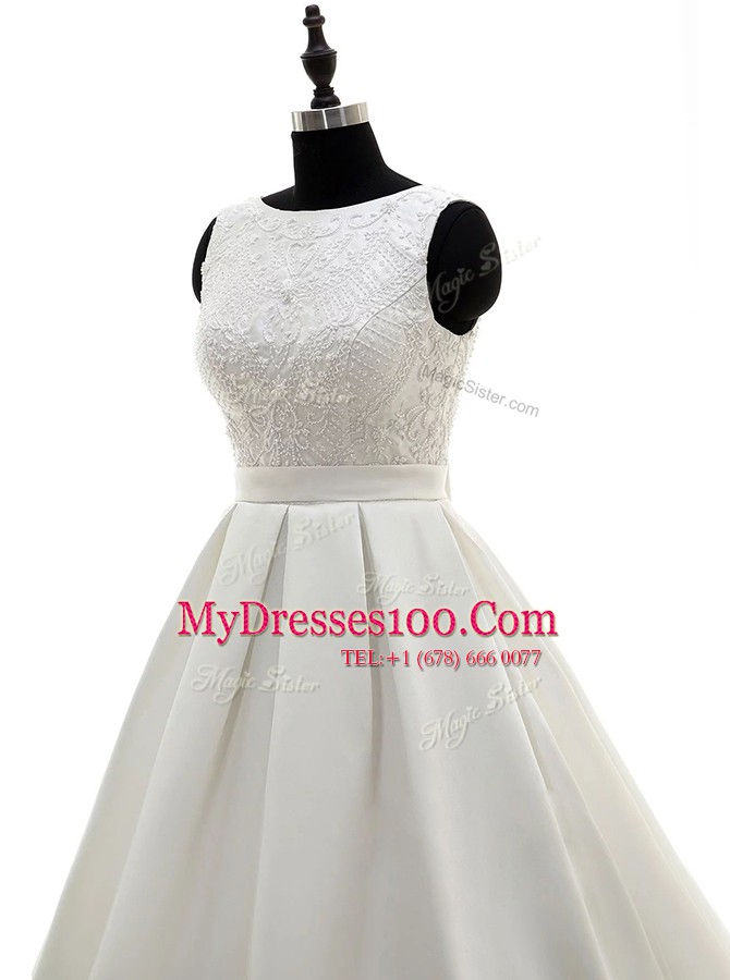 Scoop Sleeveless Satin Wedding Gowns Lace and Appliques and Bowknot Brush Train Criss Cross