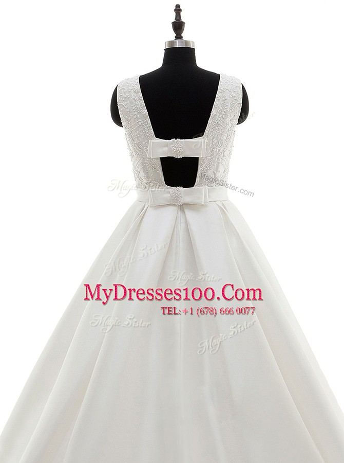 Scoop Sleeveless Satin Wedding Gowns Lace and Appliques and Bowknot Brush Train Criss Cross