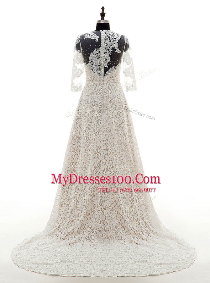 Elegant Scoop 3 4 Length Sleeve With Train Lace Clasp Handle Bridal Gown with Champagne Court Train