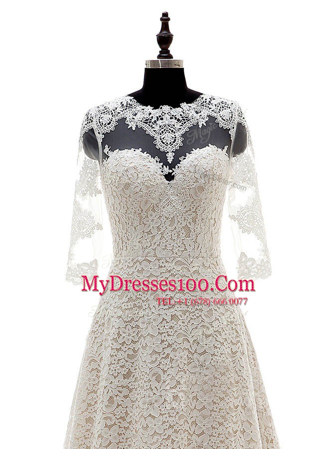 Elegant Scoop 3 4 Length Sleeve With Train Lace Clasp Handle Bridal Gown with Champagne Court Train