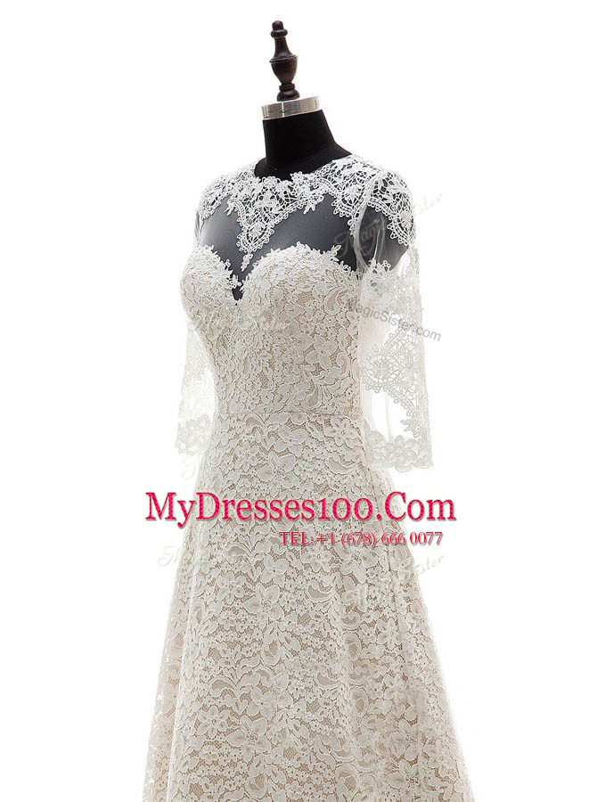 Elegant Scoop 3 4 Length Sleeve With Train Lace Clasp Handle Bridal Gown with Champagne Court Train