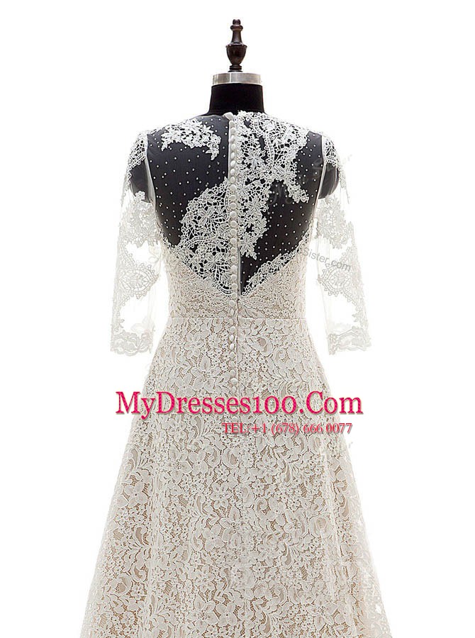 Elegant Scoop 3 4 Length Sleeve With Train Lace Clasp Handle Bridal Gown with Champagne Court Train