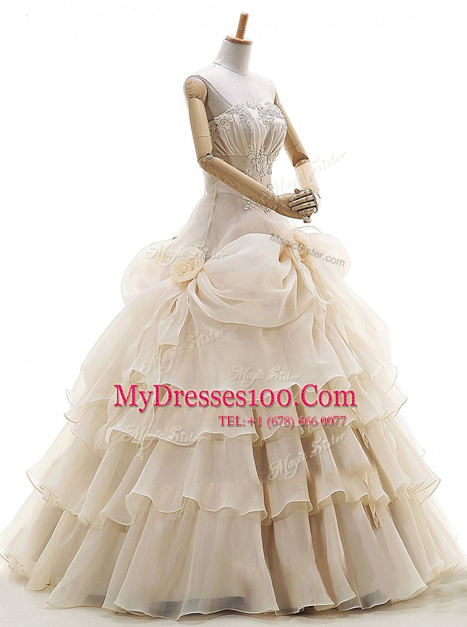 Champagne Lace Up Wedding Dresses Appliques and Ruffled Layers and Pick Ups and Hand Made Flower Sleeveless Floor Length