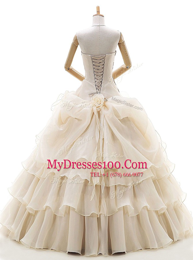 Champagne Lace Up Wedding Dresses Appliques and Ruffled Layers and Pick Ups and Hand Made Flower Sleeveless Floor Length