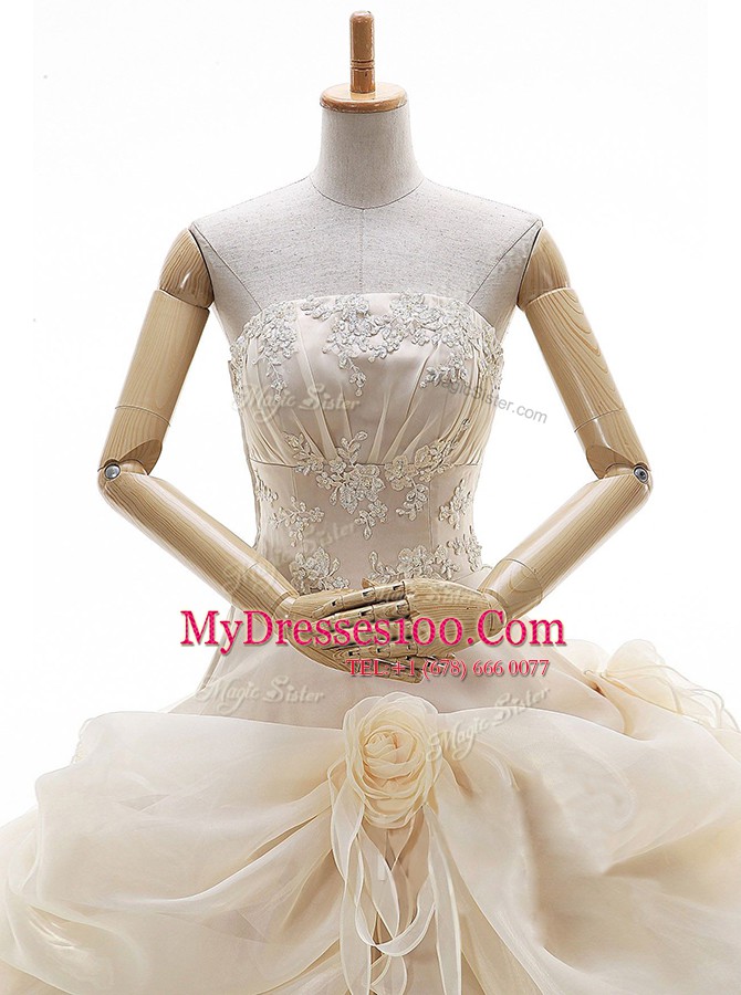 Champagne Lace Up Wedding Dresses Appliques and Ruffled Layers and Pick Ups and Hand Made Flower Sleeveless Floor Length