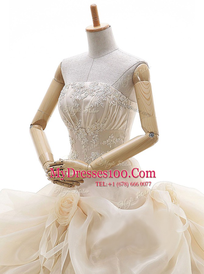 Champagne Lace Up Wedding Dresses Appliques and Ruffled Layers and Pick Ups and Hand Made Flower Sleeveless Floor Length