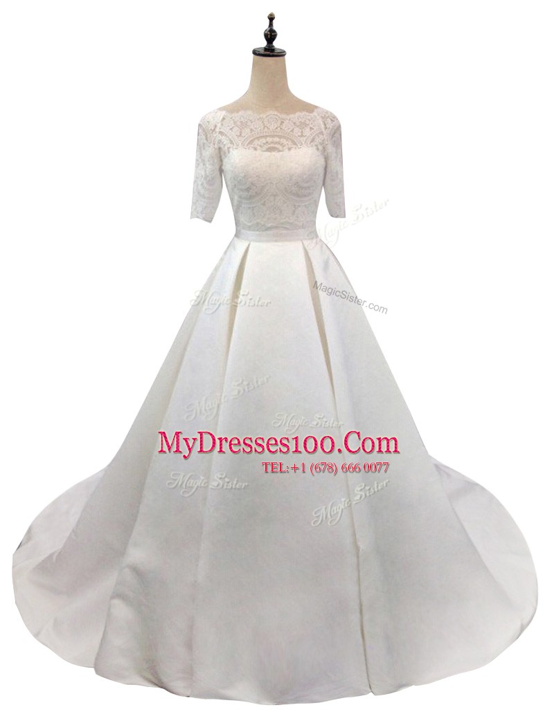 White Zipper Scalloped Lace Bridal Gown Satin Half Sleeves Chapel Train
