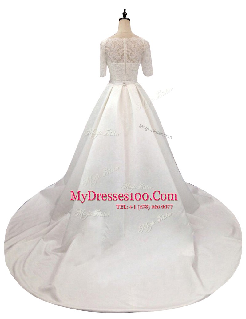 White Zipper Scalloped Lace Bridal Gown Satin Half Sleeves Chapel Train