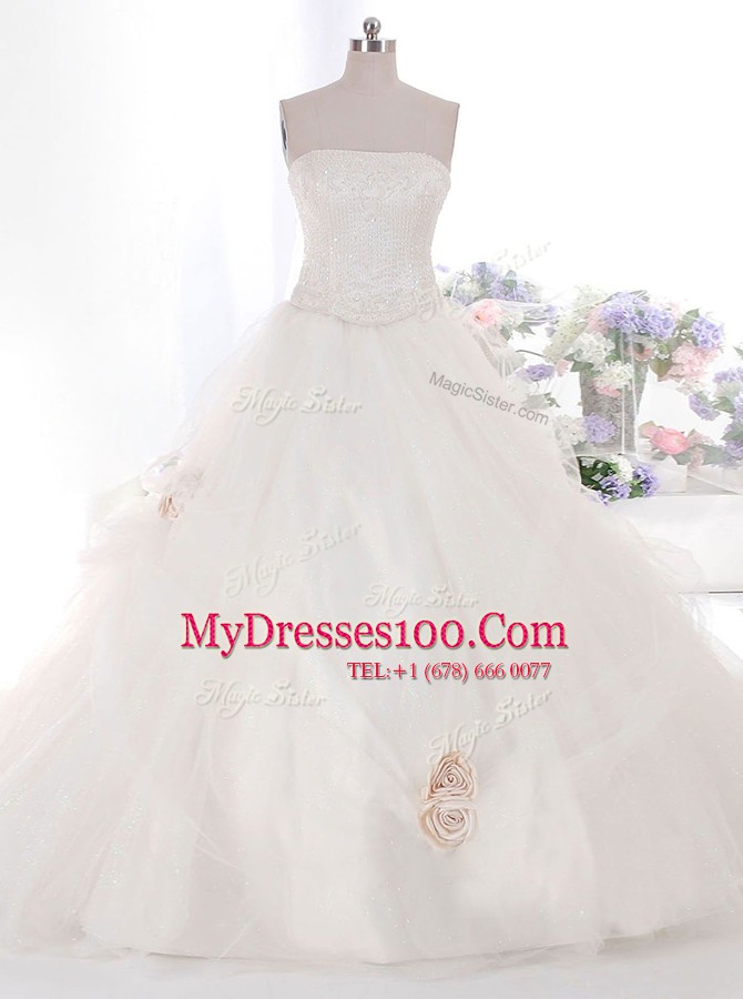 White Tulle Zipper Strapless Sleeveless With Train Wedding Gowns Brush Train Hand Made Flower