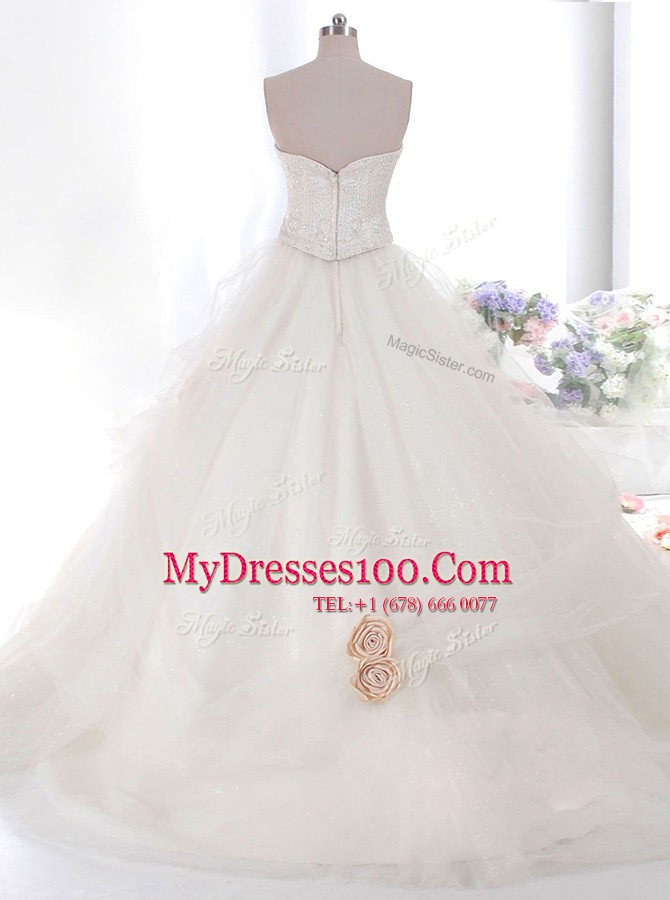 White Tulle Zipper Strapless Sleeveless With Train Wedding Gowns Brush Train Hand Made Flower