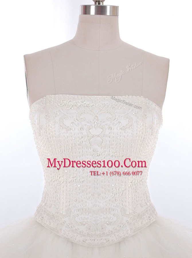 White Tulle Zipper Strapless Sleeveless With Train Wedding Gowns Brush Train Hand Made Flower