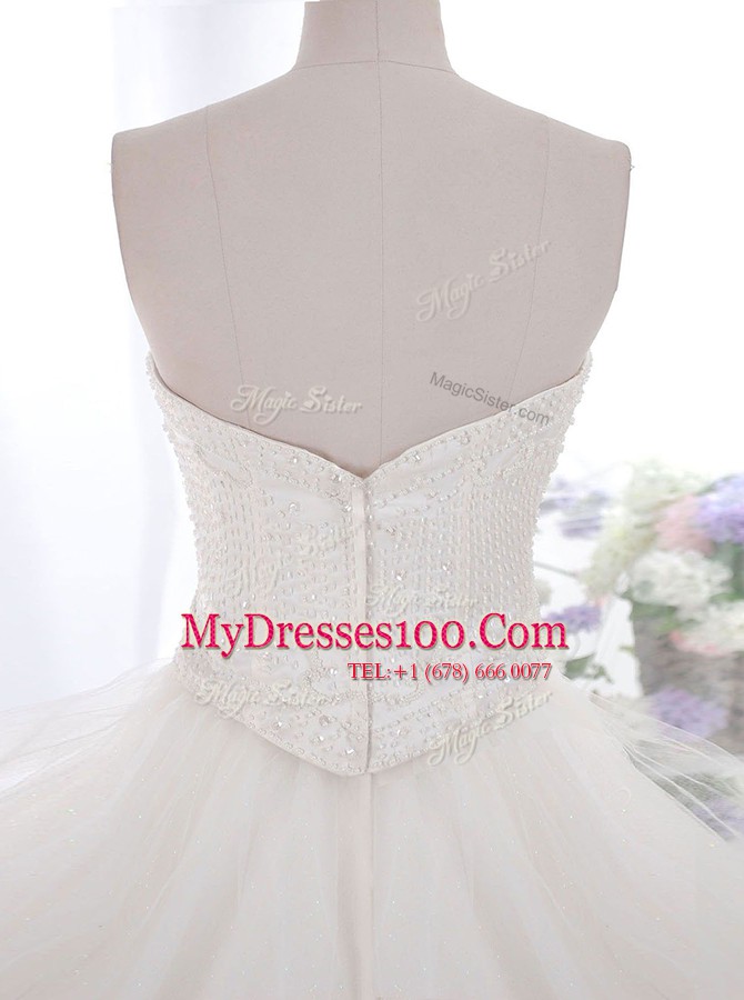 White Tulle Zipper Strapless Sleeveless With Train Wedding Gowns Brush Train Hand Made Flower