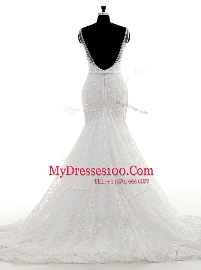 Custom Made Mermaid White Spaghetti Straps Neckline Lace Bridal Gown Sleeveless Backless