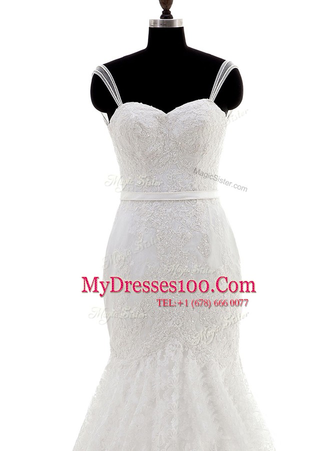 Custom Made Mermaid White Spaghetti Straps Neckline Lace Bridal Gown Sleeveless Backless