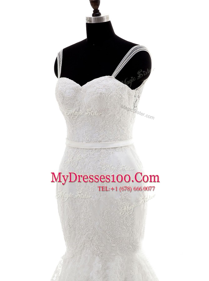 Custom Made Mermaid White Spaghetti Straps Neckline Lace Bridal Gown Sleeveless Backless