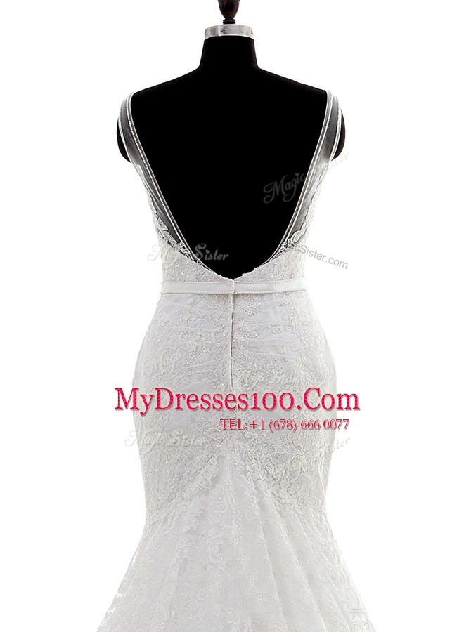 Custom Made Mermaid White Spaghetti Straps Neckline Lace Bridal Gown Sleeveless Backless