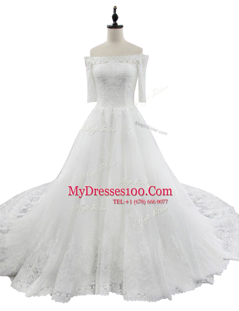 Best Off The Shoulder Half Sleeves Wedding Dress With Train Chapel Train Lace White Lace