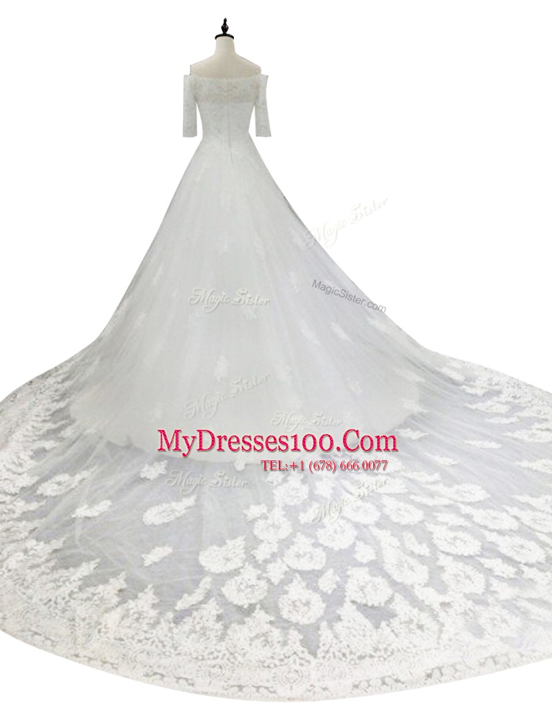 Best Off The Shoulder Half Sleeves Wedding Dress With Train Chapel Train Lace White Lace