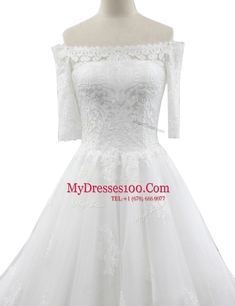 Best Off The Shoulder Half Sleeves Wedding Dress With Train Chapel Train Lace White Lace