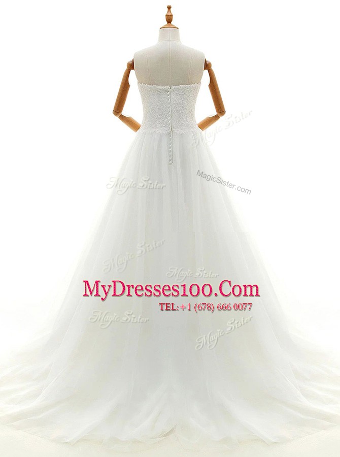 Sweetheart Sleeveless Tulle Wedding Dress Lace Brush Train Clasp Handle