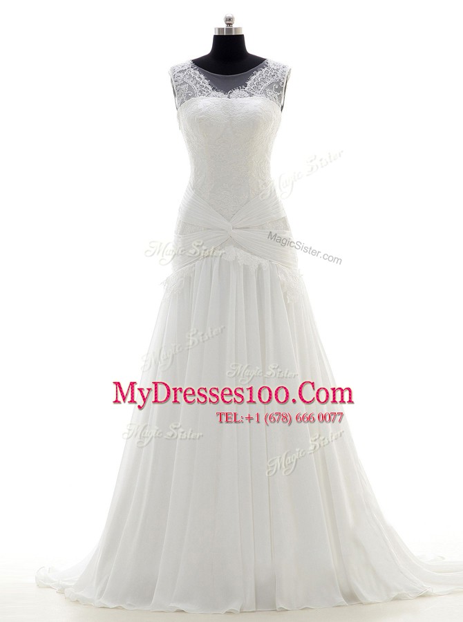 Captivating White Scoop Neckline Lace Wedding Dresses Sleeveless Side Zipper