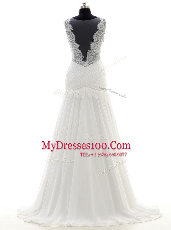 Captivating White Scoop Neckline Lace Wedding Dresses Sleeveless Side Zipper