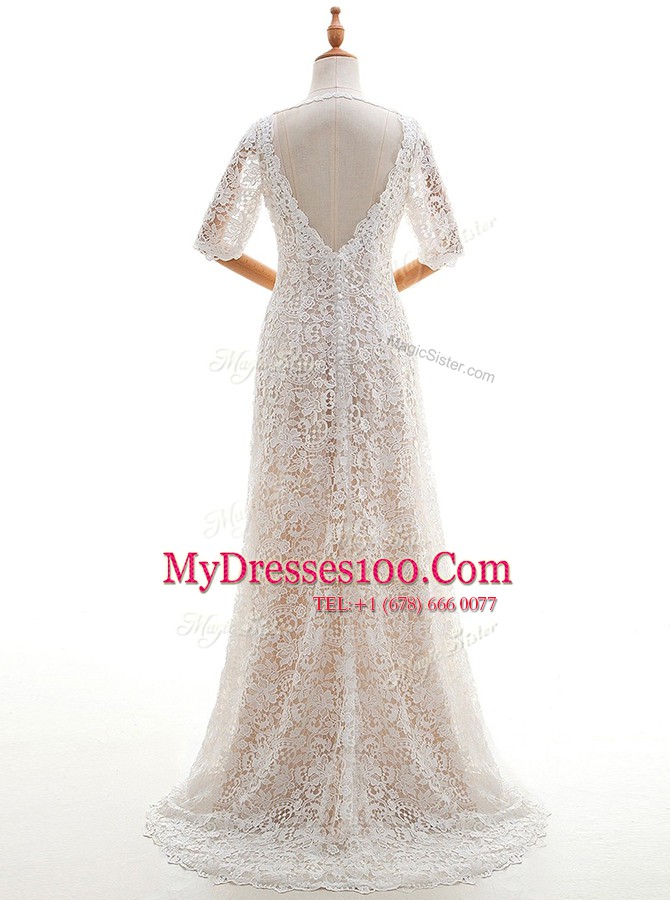 White Scoop Neckline Lace Wedding Dress Half Sleeves Clasp Handle