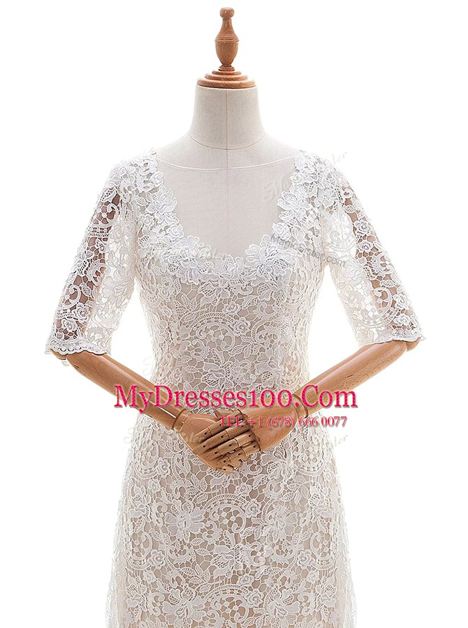 White Scoop Neckline Lace Wedding Dress Half Sleeves Clasp Handle
