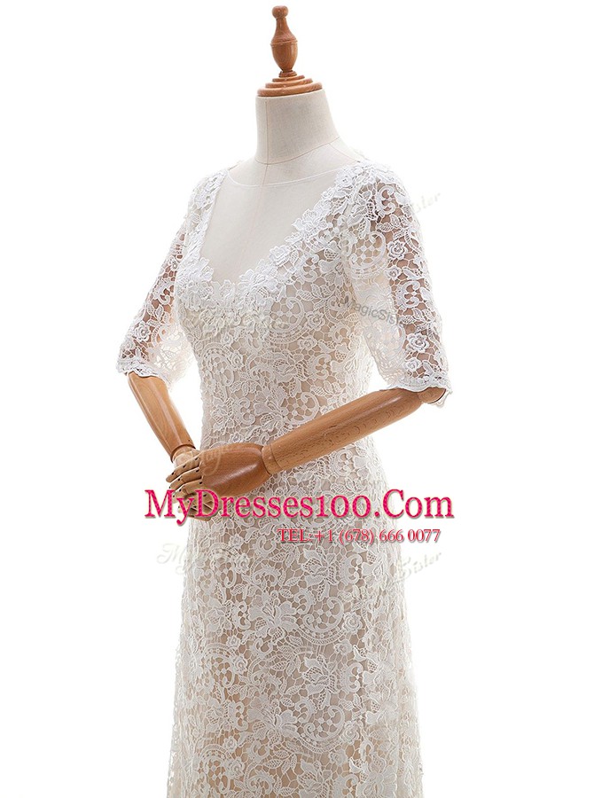 White Scoop Neckline Lace Wedding Dress Half Sleeves Clasp Handle