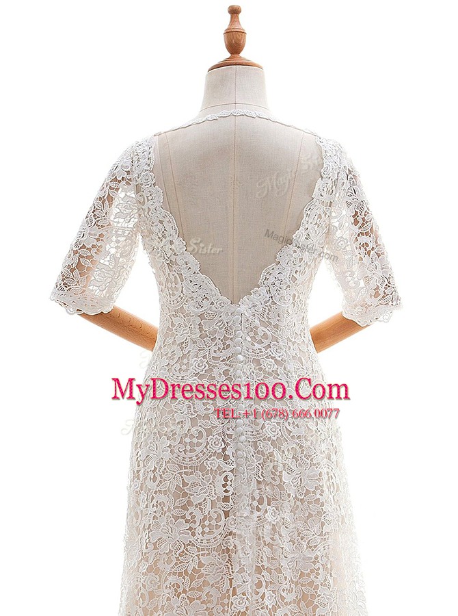 White Scoop Neckline Lace Wedding Dress Half Sleeves Clasp Handle