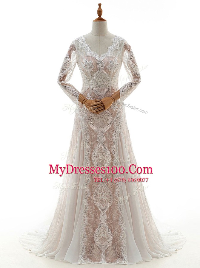 Lace Wedding Dress White Zipper Long Sleeves With Brush Train