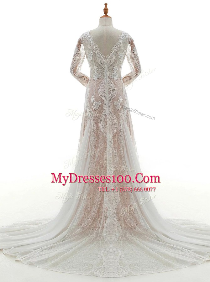 Lace Wedding Dress White Zipper Long Sleeves With Brush Train