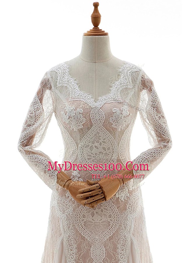 Lace Wedding Dress White Zipper Long Sleeves With Brush Train