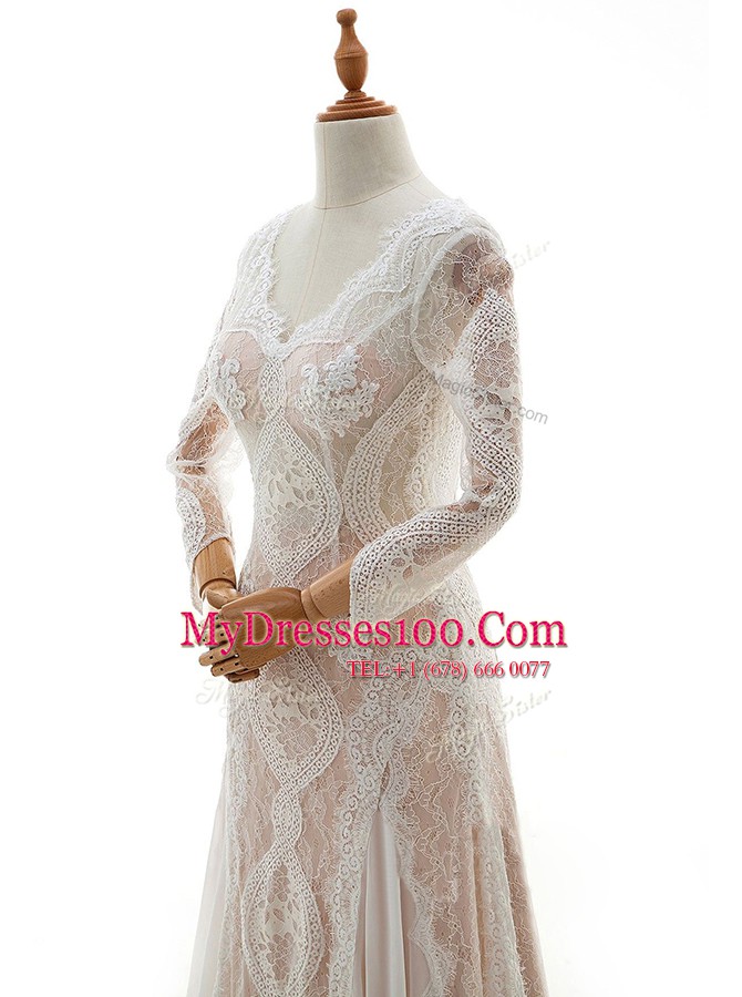 Lace Wedding Dress White Zipper Long Sleeves With Brush Train