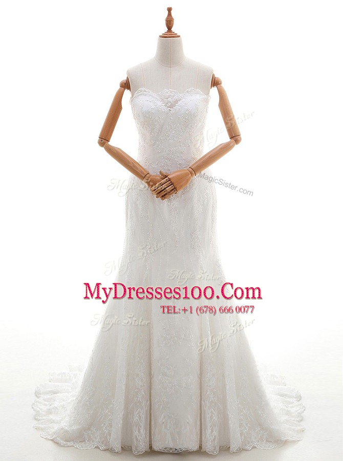 White Mermaid Scalloped Sleeveless Lace With Brush Train Lace Up Lace Wedding Dress