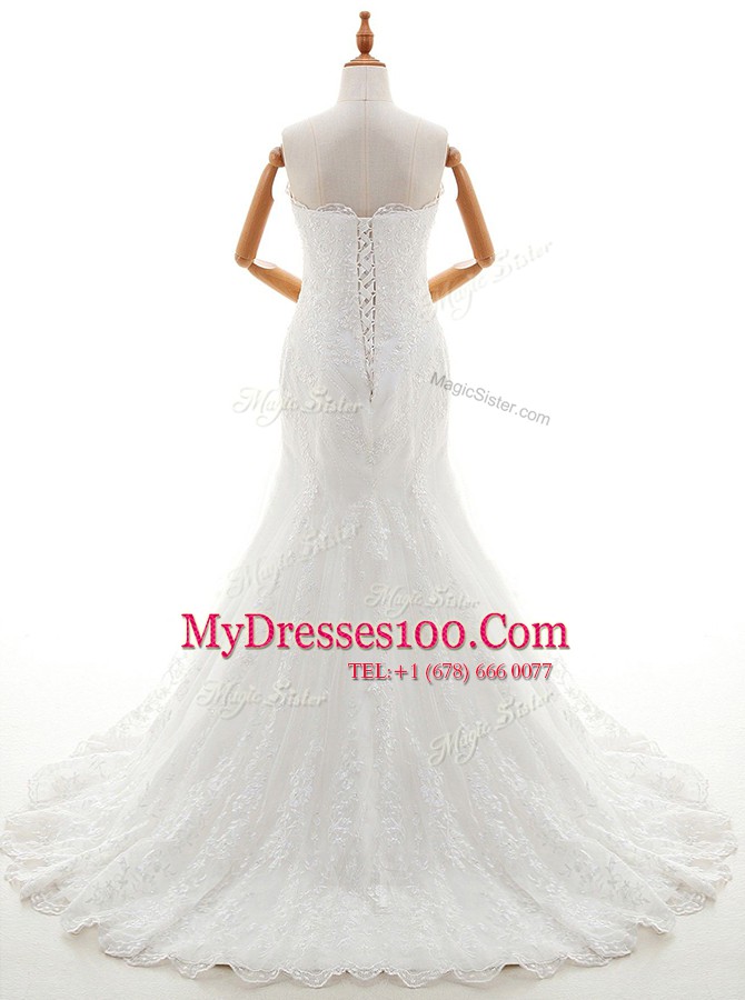 White Mermaid Scalloped Sleeveless Lace With Brush Train Lace Up Lace Wedding Dress