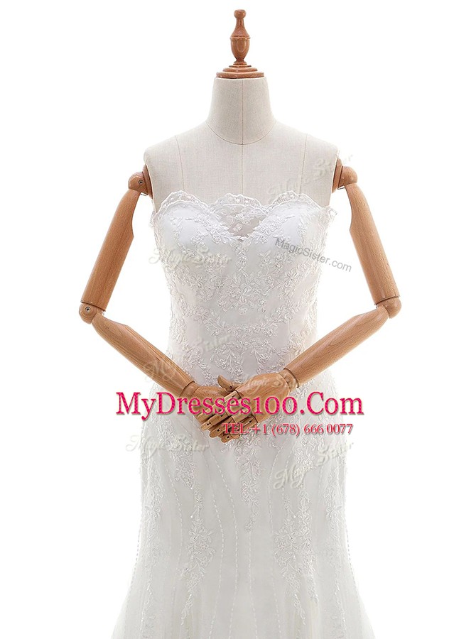 White Mermaid Scalloped Sleeveless Lace With Brush Train Lace Up Lace Wedding Dress