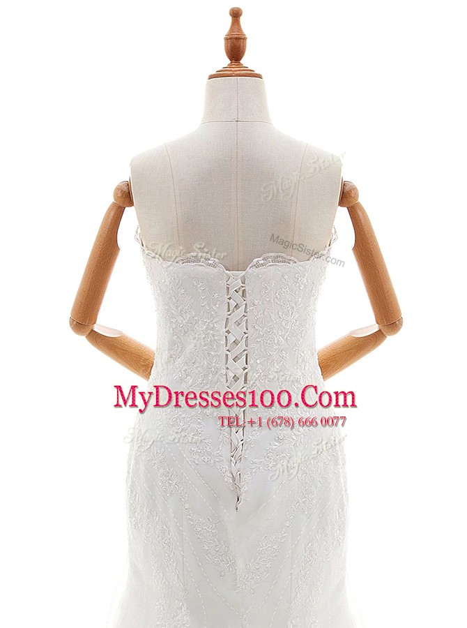 White Mermaid Scalloped Sleeveless Lace With Brush Train Lace Up Lace Wedding Dress