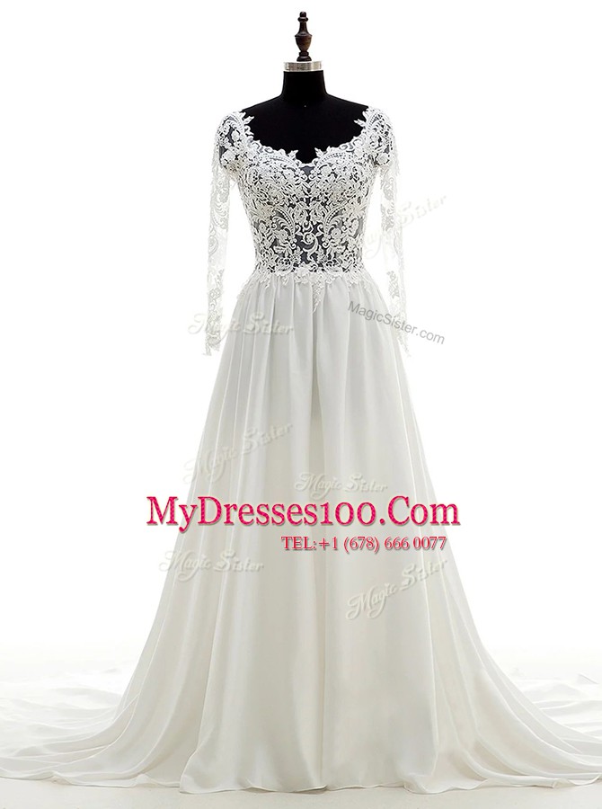 Flare Scoop White Backless Wedding Gown Lace Long Sleeves With Brush Train