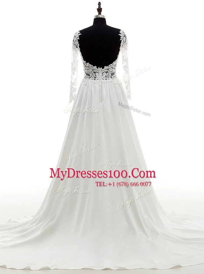Flare Scoop White Backless Wedding Gown Lace Long Sleeves With Brush Train