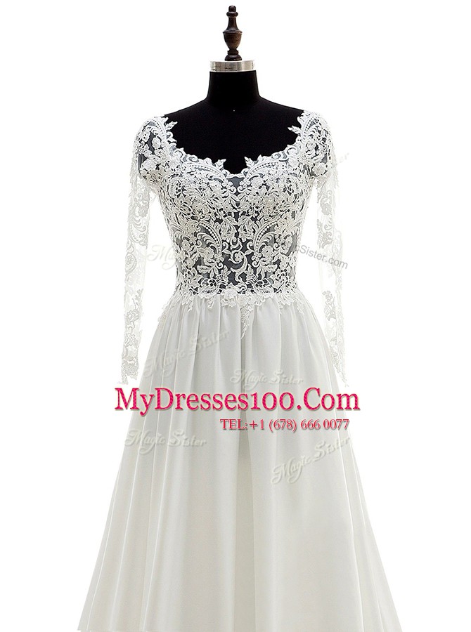 Flare Scoop White Backless Wedding Gown Lace Long Sleeves With Brush Train