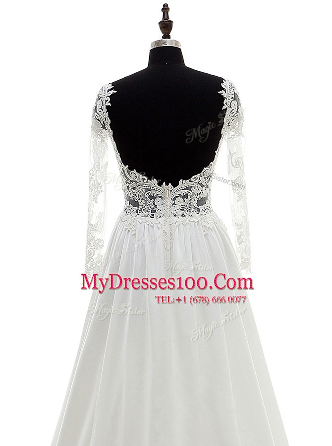 Flare Scoop White Backless Wedding Gown Lace Long Sleeves With Brush Train