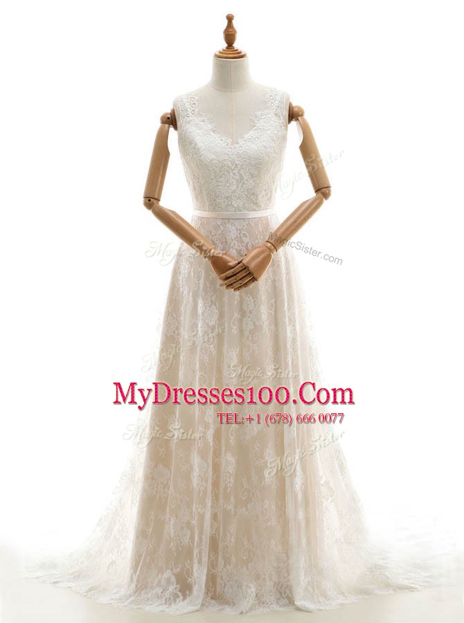 Sleeveless Lace With Train Chapel Train Zipper Bridal Gown in Champagne with Lace