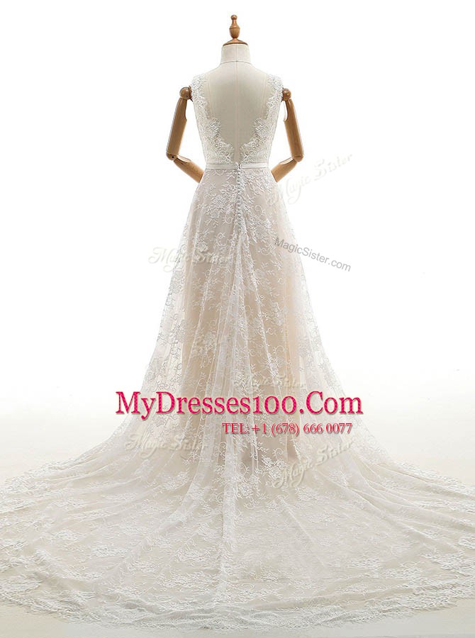 Sleeveless Lace With Train Chapel Train Zipper Bridal Gown in Champagne with Lace