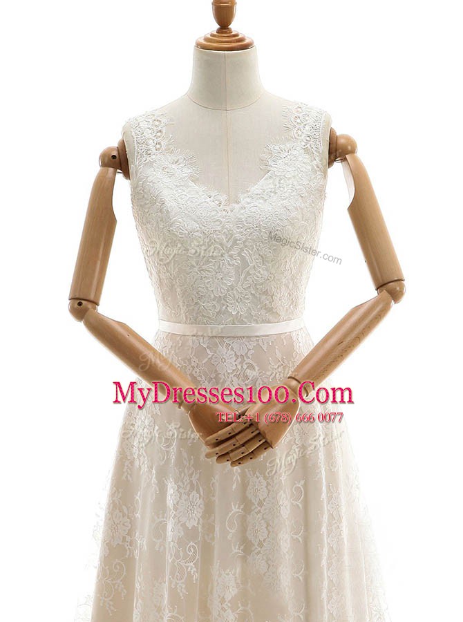 Sleeveless Lace With Train Chapel Train Zipper Bridal Gown in Champagne with Lace