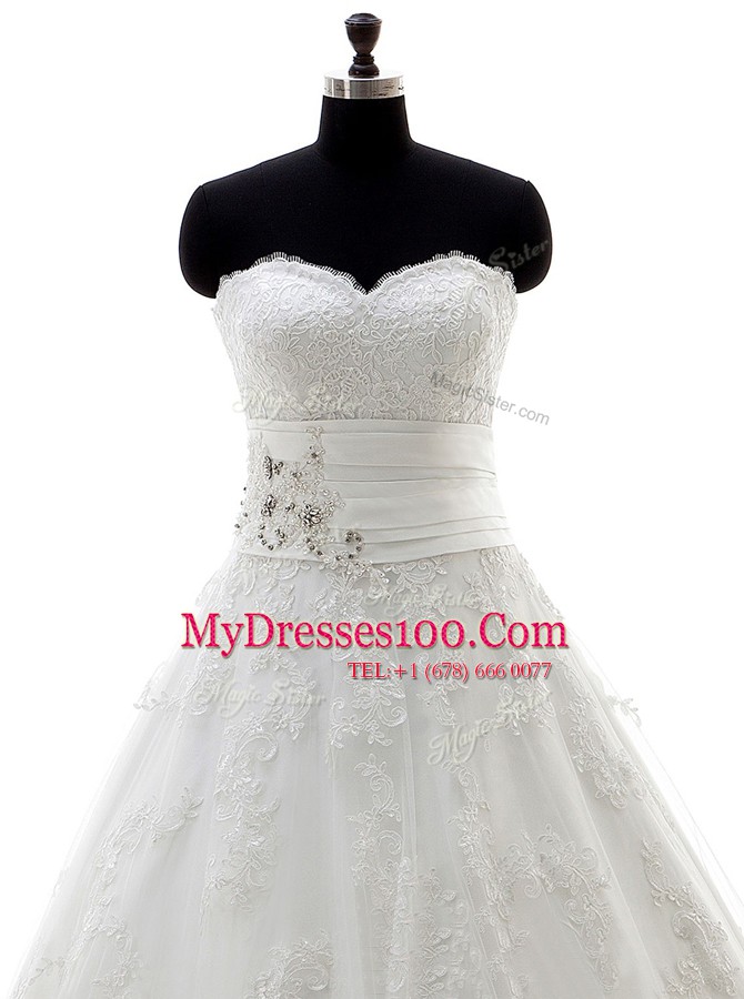 Chic Sleeveless Brush Train Lace and Appliques Lace Up Wedding Gown