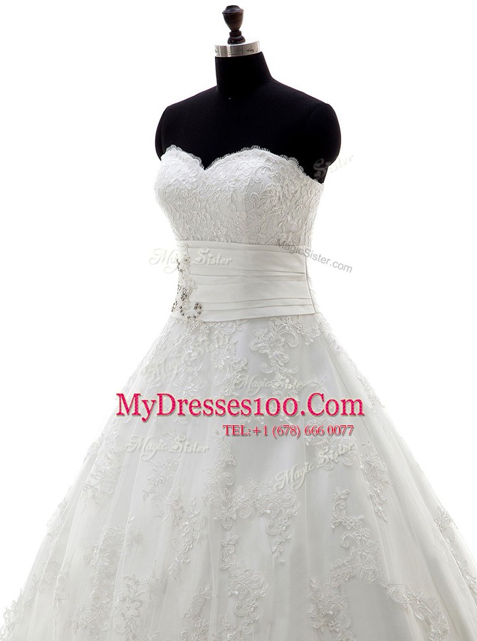Chic Sleeveless Brush Train Lace and Appliques Lace Up Wedding Gown