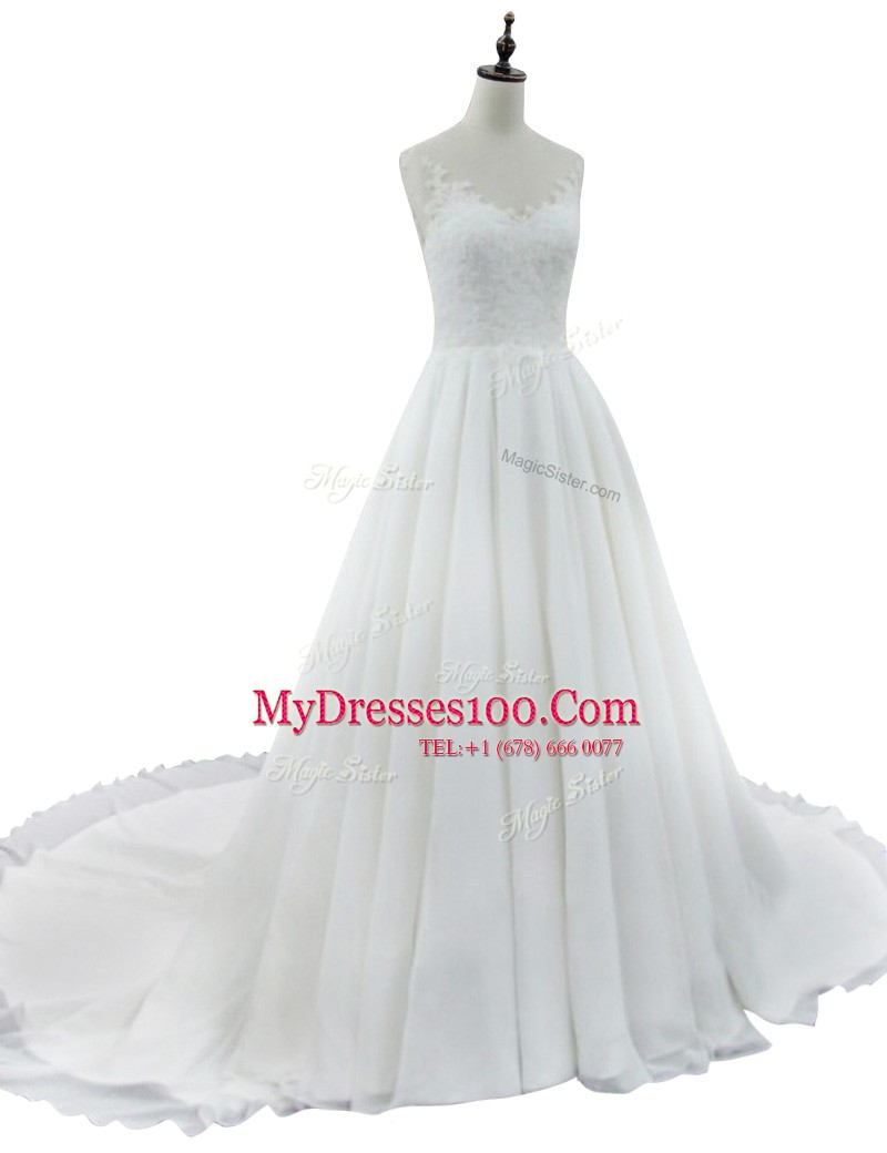 White Zipper V-neck Lace Wedding Dresses Chiffon Sleeveless Court Train