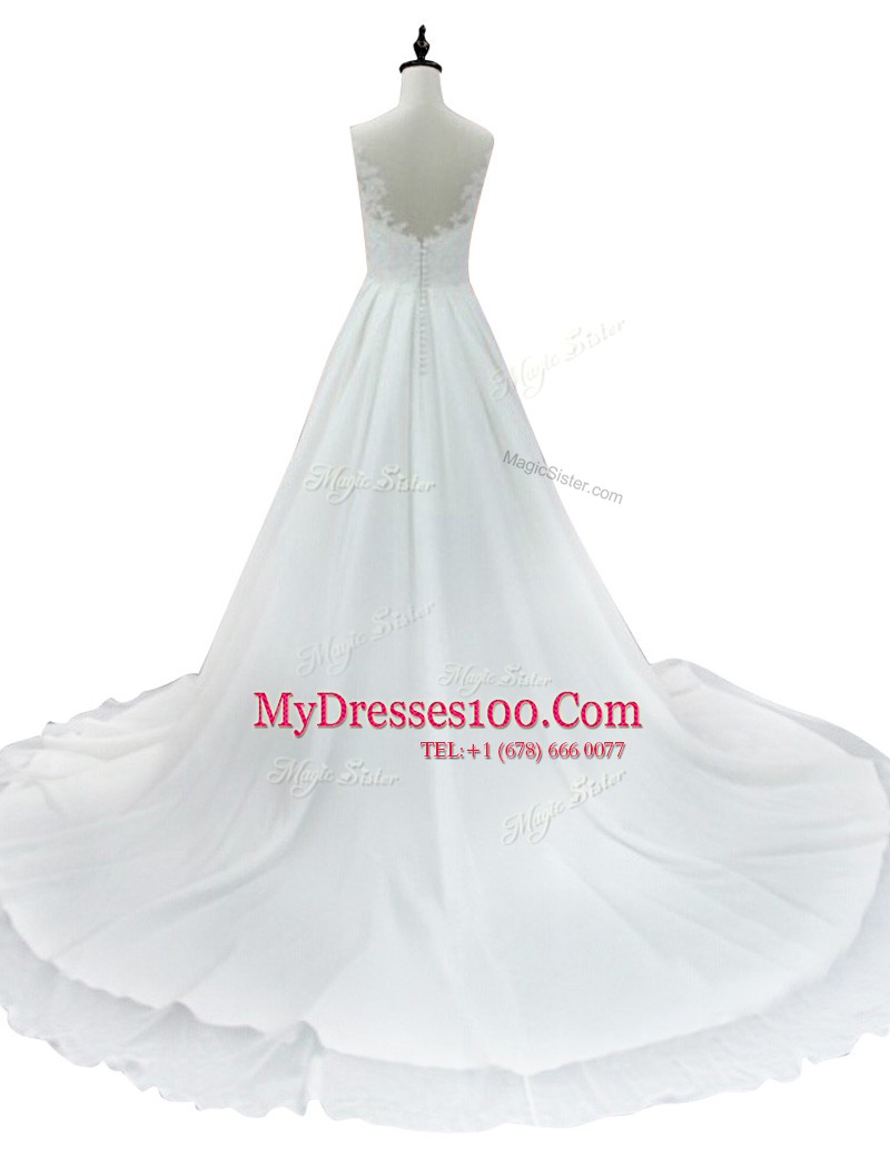 White Zipper V-neck Lace Wedding Dresses Chiffon Sleeveless Court Train